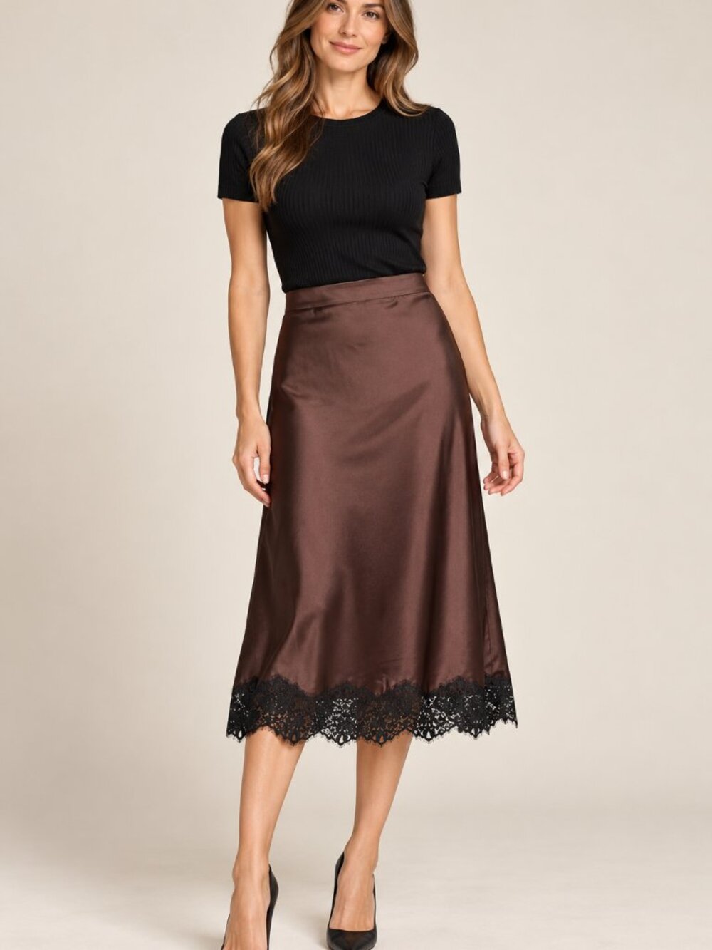 Ann Taylor Brown Satin Midi Skirt with Black Lace Hem – Size M